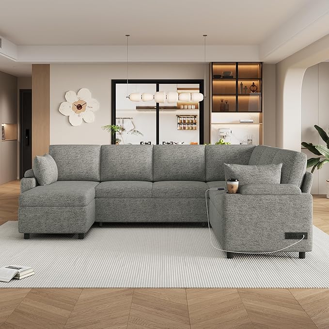 Ball & Cast 109.9" Sectional Sofa with Pull Out Bed, Chenille Upholstered Sleeper Sofa Bed with Storage Chaise, Convertible U Shaped Couch with Two Cup Holders and Charging Ports ，Light Grey