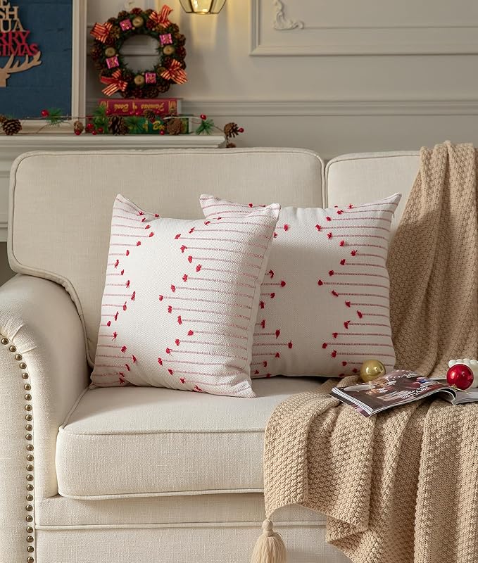 Caflife Boho Christmas Throw Pillow Covers 18x18 Set of 2, Holiday Christmas Decorative Pillow Covers Beige with Red Line for Modern Farmhouse Couch Sofa Bedroom Living Room Outdoor