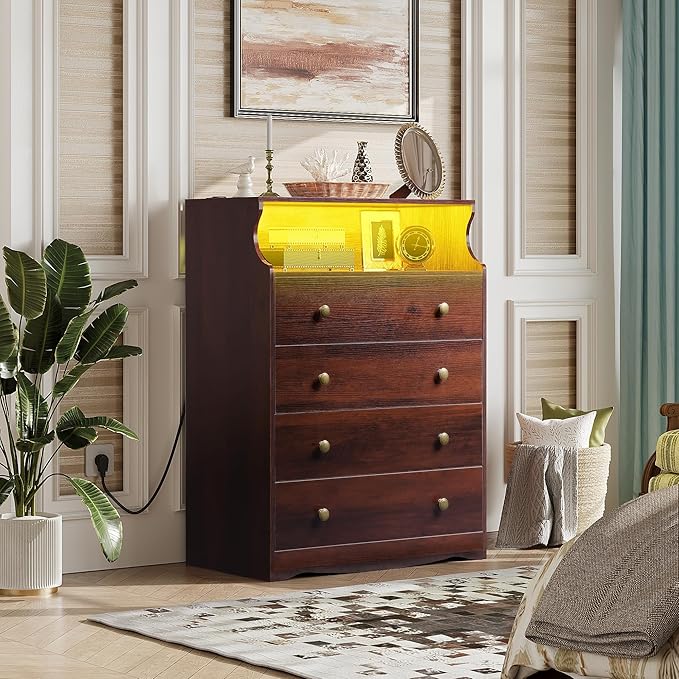 WLIVE Brown Dresser for Bedroom, Tall Wood Dresser with 4 Drawers and Open Shelf, LED Chest of Drawers with Charging Station and LED Lights for Living Room, Hallway, Closet, Rustic Brown