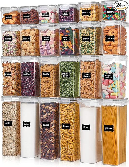 Vtopmart Airtight Food Storage Containers with Lids, 24 pcs Plastic Kitchen and Pantry Organization Canisters for Cereal, Dry Food, Flour and Sugar, BPA Free, Includes 24 Labels，Gray