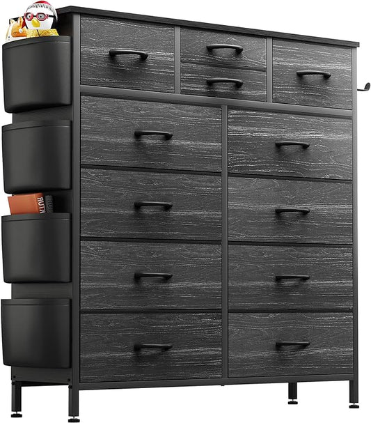 Lulive Black Dresser for Bedroom with 12 Drawers, Tall Dressers Chest of Drawers with Side Pockets and Hooks, Fabric Dresser Storage Tower for Closet, Hallway, Living Room (Black White Stripes)