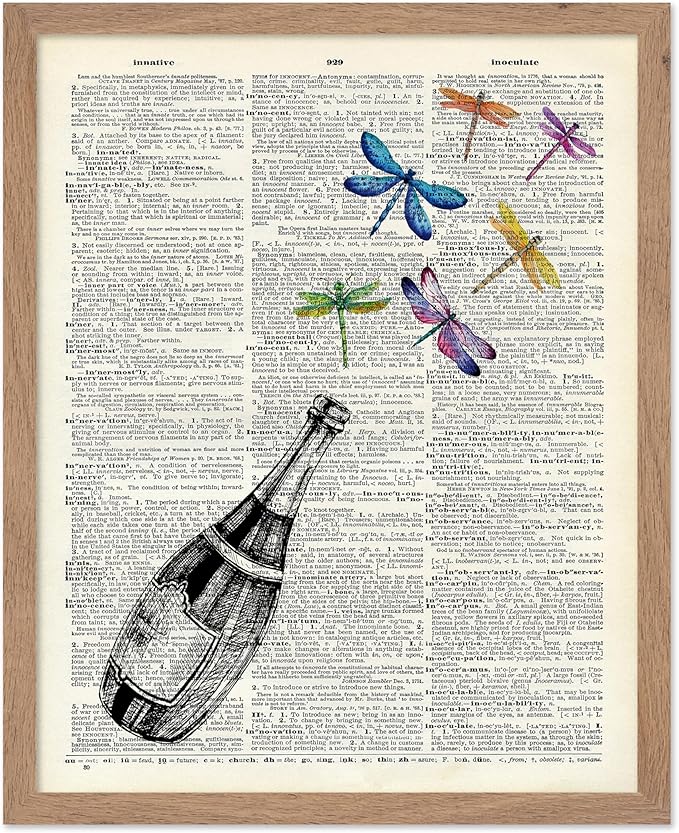 Poster Master Dictionary Art Poster - Champagne Bottle Print - Dragonfly Art - Alcohol Art - Gift for Men, Women & Bartender - Great Decor for Bar, Kitchen or Restaurant, 8x10 Beige Framed