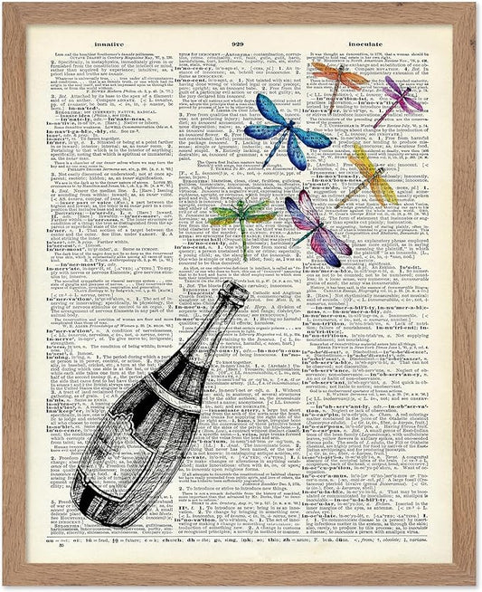 Poster Master Dictionary Art Poster - Champagne Bottle Print - Dragonfly Art - Alcohol Art - Gift for Men, Women & Bartender - Great Decor for Bar, Kitchen or Restaurant, 8x10 Beige Framed