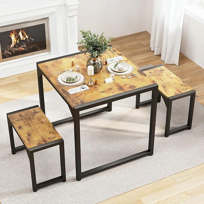 Gizoon Dining Table Set for 2, Kitchen Table Set for 2 with Steel Frame, Kitchen Table with 2 Benches for Small Space, Space Saving Design for Restaurant, Living Room, Retro