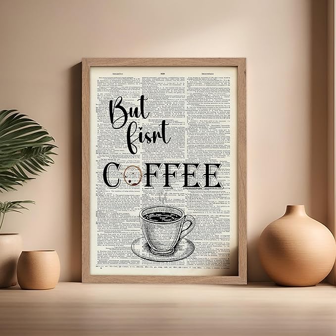 Poster Master Dictionary Art Poster - But First Coffee Print - Cafe Art - Gift for Men, Women, Coffee Lovers & Barista - Funny Decor for Kitchen, Restaurant or Dining Room, 16x20 Beige Framed