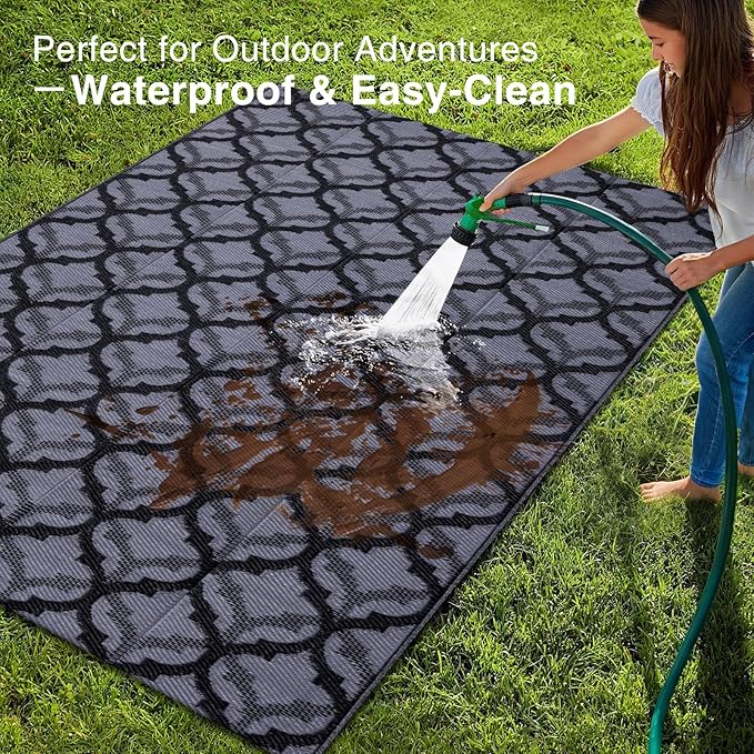 OLANLY Reversible Outdoor Rug 5x8 ft Clearance, Waterproof Outdoor Plastic Straw Rug with Interlacing Pattern, RV Mat for Patio, Camping, Balcony, Deck, Backyard, Black & Grey
