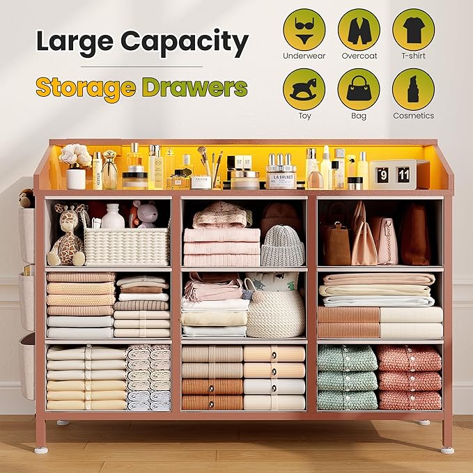 Lulive Dresser TV Stand for Bedroom with 9 Drawers - Chest of Drawers with LED Light & Charging Station - Living Room Hallway Closet Nursery (Pink)