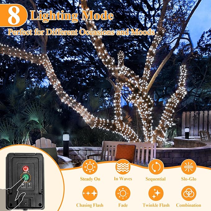 Solar String Lights 120LED 40FT, IP67 Waterproof Solar Lights for Outside with 8 Lighting Modes, Upgraded Solar Panel Fairy Lights for Garden Party Wedding Decorations (Cool White)