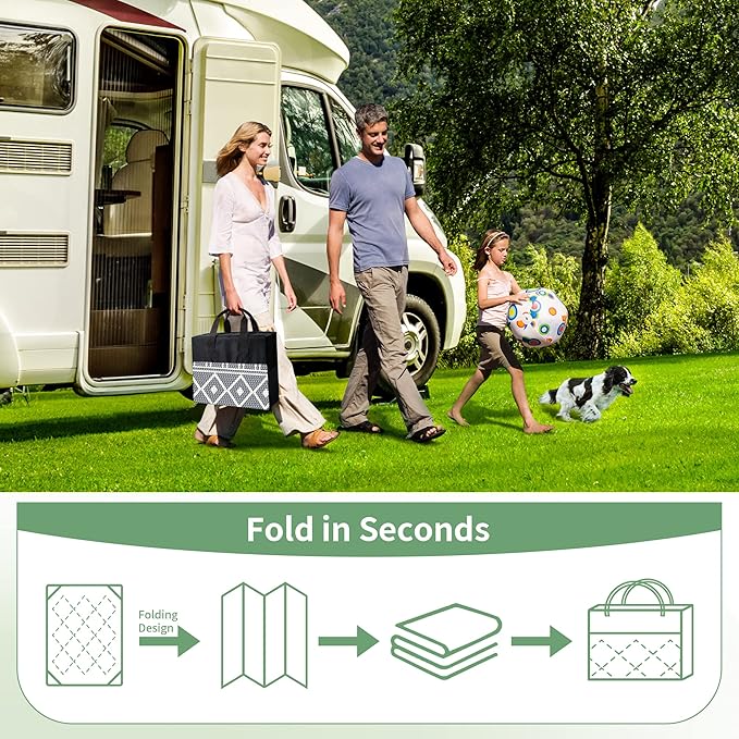 GENIMO Outdoor Rug Waterproof Area 10'x14' for Patio, Foldable Reversible Plastic Straw Carpet for Travel Trailers, Outside Mat for Rv, Deck, Picnic, Porch, Camper, Balcony, Beach, Grey & White