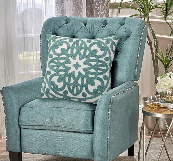 Alysheer Embroidered Decorative Throw Pillow Cover 18x18 inch, Cozy Cool Boho Mandala Chic Knit Pattern, Durable 100% Cotton Cushion Case for Sofa Couch Living Room Bedroom Office Gifts (Aqua Blue)