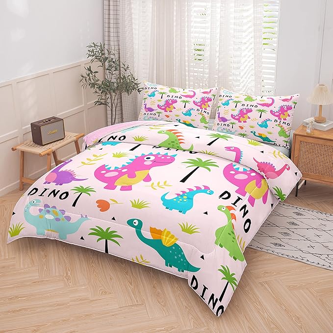 Tailor Shop Pink Dinosaur Comforter Set,Cartoon Dinosaur Queen Bedding Set for Girls,Colorful Dino Kids Comforter Sets,Dinosaur Bed Set,with 1 Comforter 2 Pillowcase, Yh-dino 4