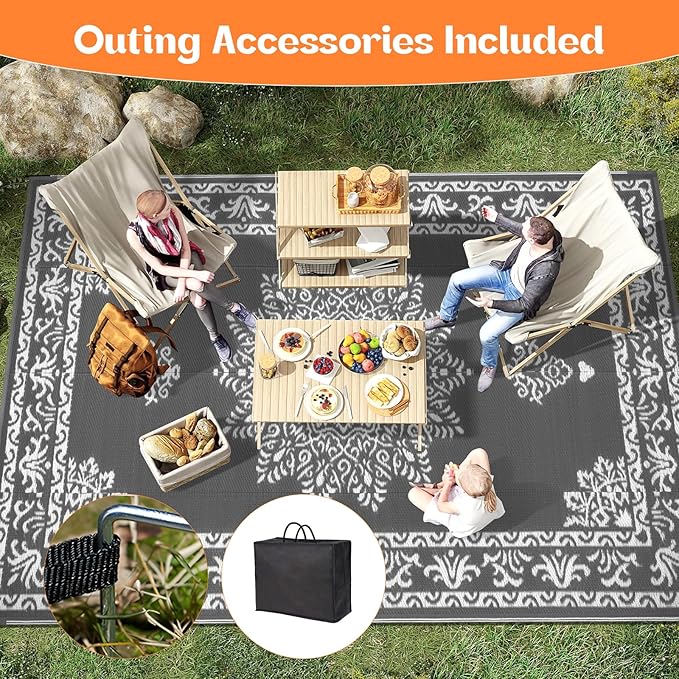 Yamaziot Outdoor Rug 8x10 Ft, Waterproof Reversible Plastic Straw Patio Rug, UV Resistant Portable RV Mat Clearance, Large Indoor Outdoor Rug for Patio, Porch, Deck, Balcony, Dark Gray