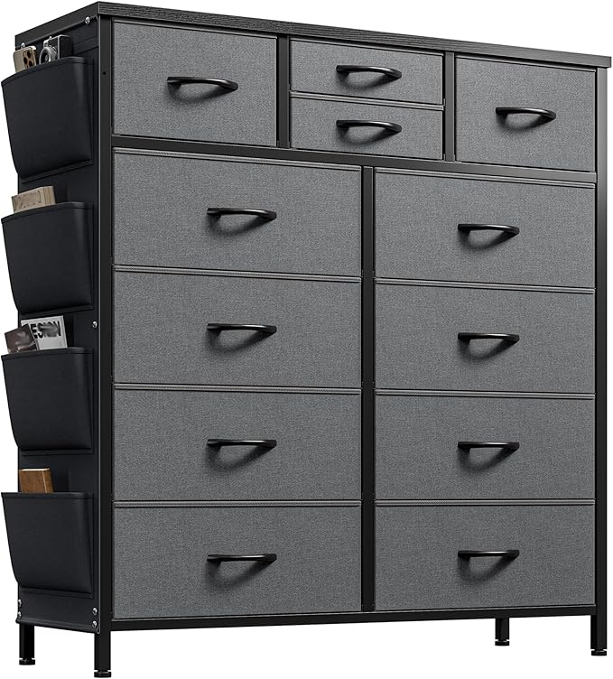 EnHomee Dresser for Bedroom with 12 Drawers, Tall Dressers & Chest of Drawers with Side Pockets, Fabric Dresser for Bedroom, Closet, Hallway, Living Room, Sturdy Metal Frame, Wood Top, Grey