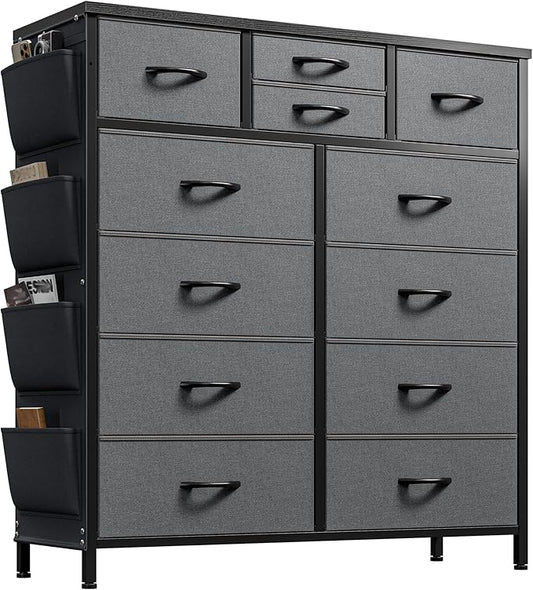 EnHomee Dresser for Bedroom with 12 Drawers, Tall Dressers & Chest of Drawers with Side Pockets, Fabric Dresser for Bedroom, Closet, Hallway, Living Room, Sturdy Metal Frame, Wood Top, Grey