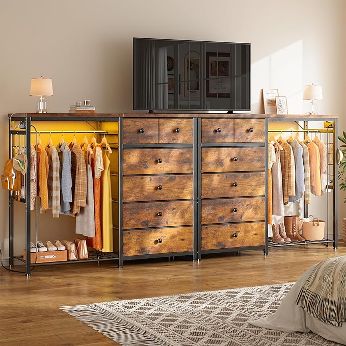 EnHomee 49.2" W Dresser with Hanging Rack & 6 Fabric Drawers – Wooden Top Storage Unit Featuring LED Lights, Charging Station & Grid Panel for Bedroom or Closet, Rustic Brown