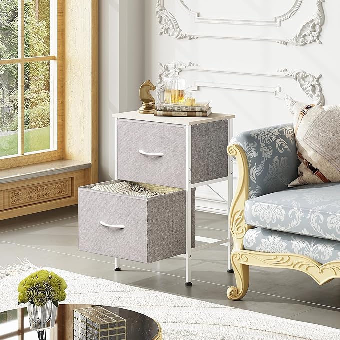 WLIVE Nightstand, Nightstand with 2 Drawers, Bedside Furniture, Night Stand, Small Dresser for Bedroom, College Dorm, End Table with Fabric Bins, Dormitory, Light Grey, Size L