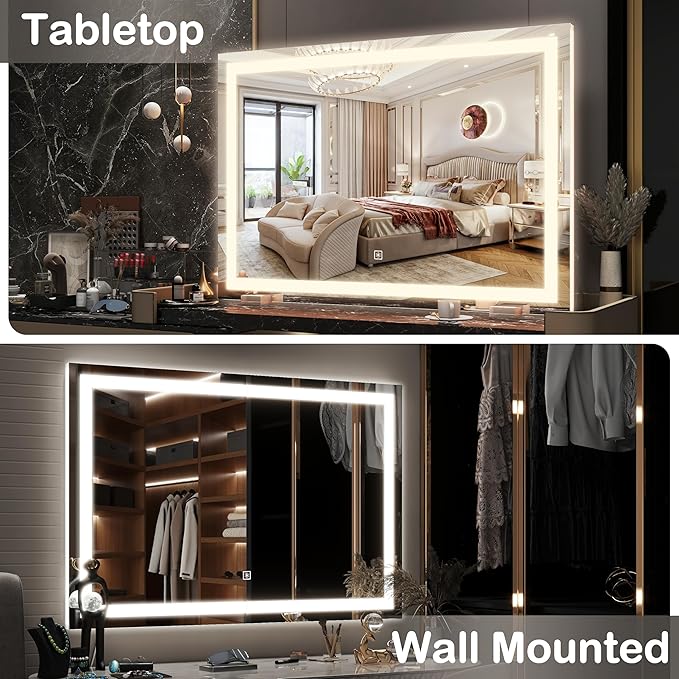 FENNIO Makeup Mirror with Lights 22"x19" ，LED Makeup Mirror ，Large Vanity Mirror with Lights，Touch Sensor with Dimmable 3 Modes, Square White