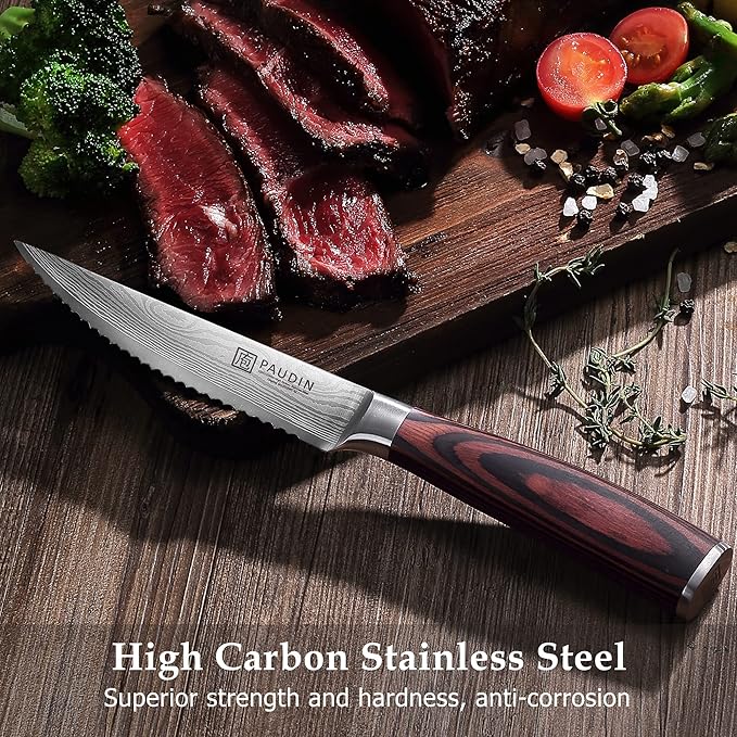 PAUDIN Steak Knives Set of 6, Kitchen Steak Knife 4.5 Inch, High Carbon Stainless Steel Steak Knives, Serrated Steak Knife with Pakkawood Handle, Dinner Knives with Gift Box