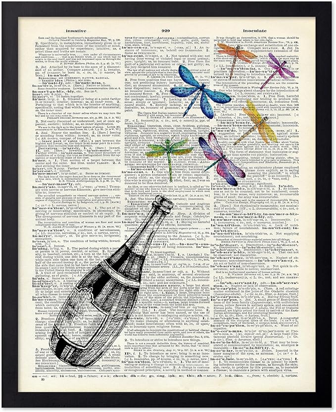 Poster Master Dictionary Art Poster - Champagne Bottle Print - Dragonfly Art - Alcohol Art - Gift for Men, Women & Bartender - Great Decor for Bar, Kitchen or Restaurant, 11x14 Black Framed