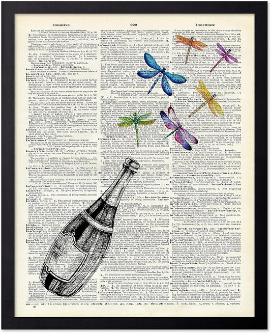 Poster Master Dictionary Art Poster - Champagne Bottle Print - Dragonfly Art - Alcohol Art - Gift for Men, Women & Bartender - Great Decor for Bar, Kitchen or Restaurant, 11x14 Black Framed
