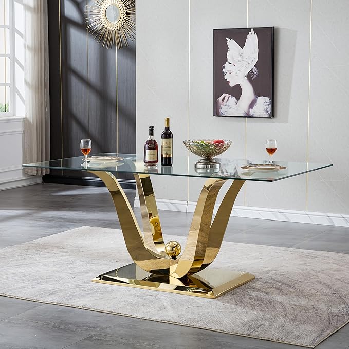 70" Modern Gold Glass Dining Table Set for 6, 7-Piece Rectangle Kitchen Dining Room Table Set with Steel Base & 6 Blue Velvet Upholstered Chairs, Modern Glass Kitchen Table and Chairs Set of 6