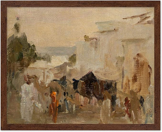 Poster Master Vintage The Bazaar Painting Poster - Retro Street in Udaipur Print - India Art - Cityscape Art - Farmhouse Art - Abstract Art - Office or Living Room Wall Decor, 11x14 Brown Framed