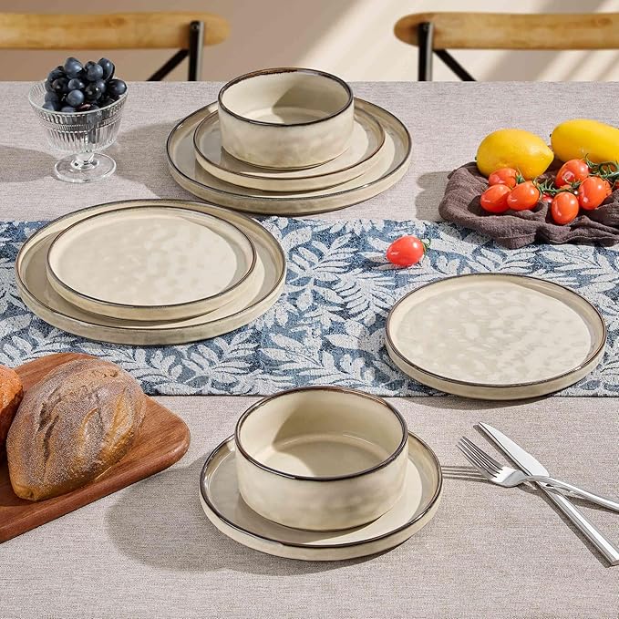 Herogo Plates and Bowls Dinnerware Sets for 8, 24 Pieces Stoneware Dishes Sets, Dinning Dishes for Kitchen, Dishwasher & Microwave Safe, Cream Khaki
