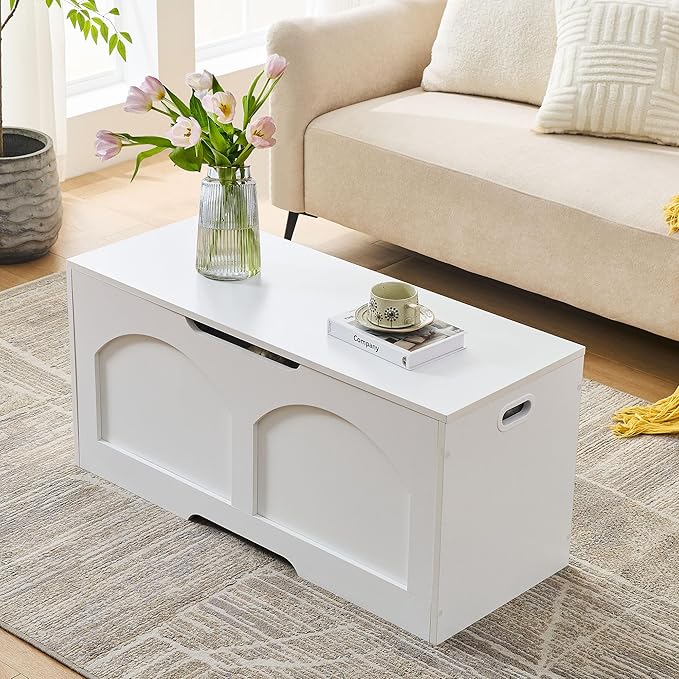 Storage Chest, 31.5" Storage Trunk Chest, Retro Entryway Bench, Supports 330 lbs, Upgraded Safety Lift Support Hinge, Entryway Bench, U-Shaped Opening for Entryway Living Room, White