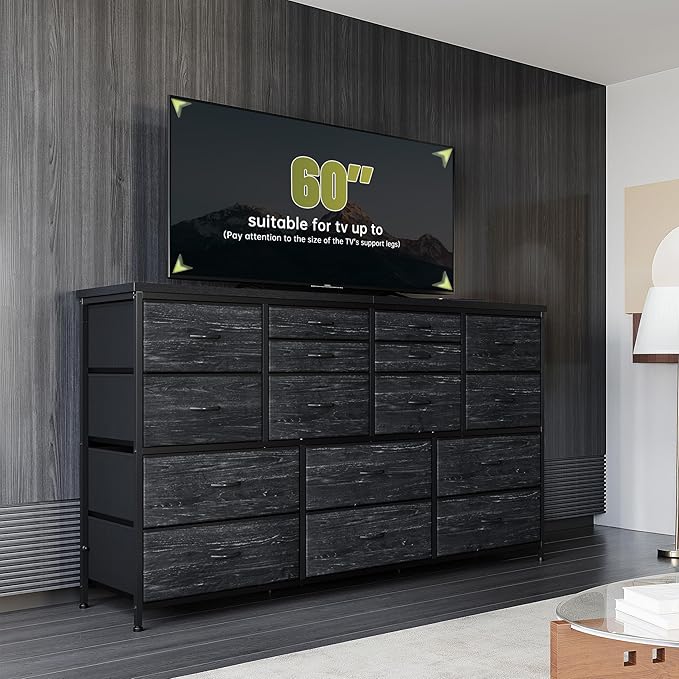EnHomee Dressser for Bedroom Dresser with 16 Drawers TV Stand for Bedroom for 60" TV Long Dressers & Chests of Drawers Large Dresser with Charging Station, 51.5" W*11.7" D*34.6" H, Charcoal Black