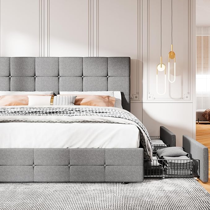 MUTICOR Queen Size Bed Frame with 4 Storage Drawers, Upholstered Platform Bed with Button Tufted Adjustable Headboard, No Box Spring Needed, Easy Assembly, Square Tufted, Light Grey Fabric