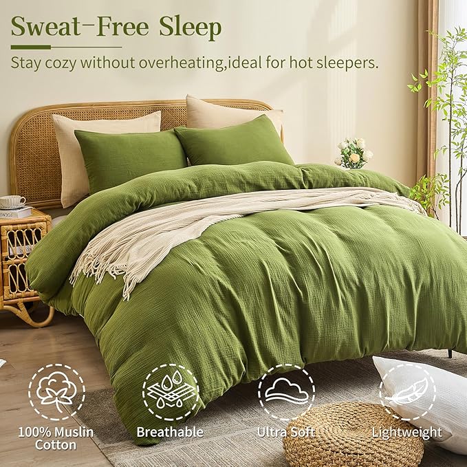 MEISHANG Muslin Duvet Cover Queen Size - 100% Organic Cotton, Soft Textured Gauze Weave Comforter Cover for Breathable All-Season with Zipper Closure - 3 Piece Set (Queen, Forest Green)