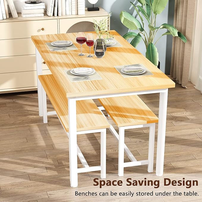 Lamerge Kitchen Table Set with 2 Benches 4 Person Dining Room Table Set for Home Kitchen, Dining Room, Restaurant, Space Saving, Beige, 43.3''L x23.6''W x28.5''H (43S)