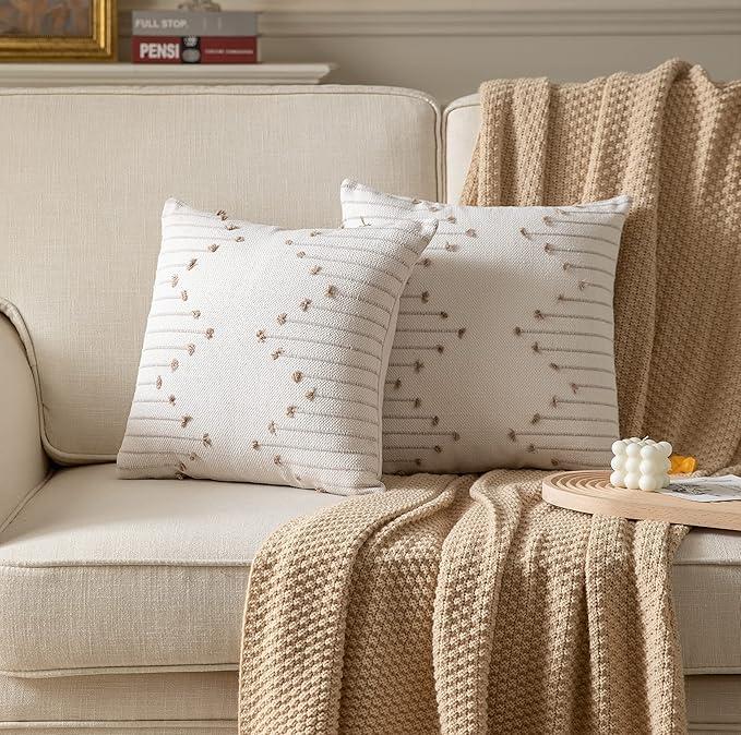 Boho Throw Pillow Covers 18x18 Set of 2 Decorative Pillows for Bed, Neutral Pillow Covers Beige with Tan Line Throw Pillows for Modern Farmhouse Couch Sofa Living Room Outdoor