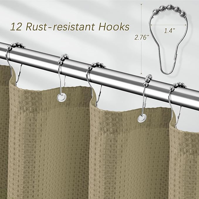 Shower Curtain Taupe Waffle Textured, 256GSM Heavy Duty Weighted Fabric Shower Curtains, Hotel Quality Luxury Polyester Water Repellent Bathroom Curtain with 12 Hooks, 72Wx78H