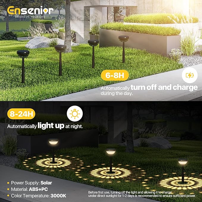 Ensenior 6-Pack Solar Lights Outdoor, Auto ON/Off 3000K LED Solar Garden Lights for Pathway, Yard, Patio, Walkway, Flower Bed, Waterproof, Energy-Efficient Landscape Lighting, Adjustable Height