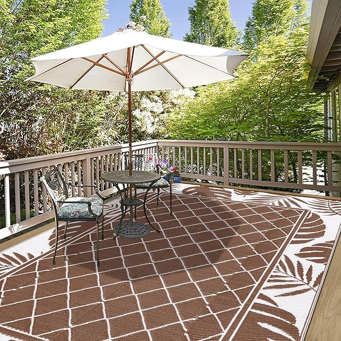 Ileading Outdoor Rug Carpet for Patio 6' x9' Waterproof Reversible Plastic Straw Rug Portable Outside Area Rug Camping Mat for Patio, Clearance, Balcony, Picnic, Pool, Beach, RV, Deck, Leaf Brown
