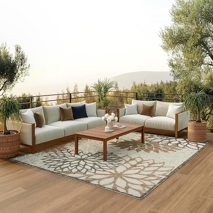 Nourison Home Aloha Indoor/Outdoor Floral Natural 7'10" x 10'6" Area Rug (8' x 11'), 7'10"X10'6",