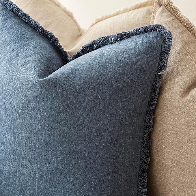 Foindtower Set of 2 Decorative Linen Fringe Throw Pillow Covers Cozy Farmhouse Cushion Cover with Tassels Accent Pillowcase for Couch Chair Sofa Bed Living Room Home Decor,18×18 Inch,Dark Blue
