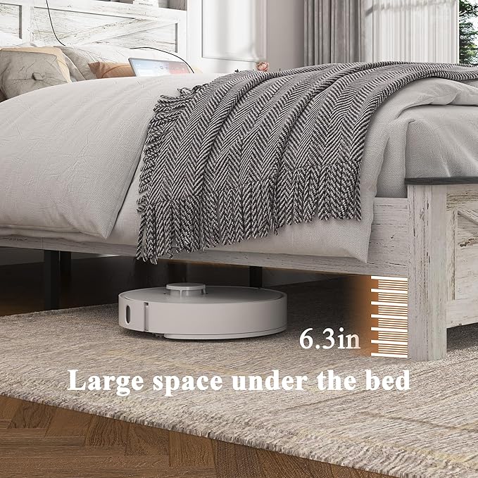 Farmhouse Wooden Bed Frame King Size with Storage Headboard, Boho Platform Bedframe with LED Lights and Charging Station, Metal Slats Support, No Box Spring Needed, White