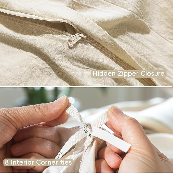 MooMee Bedding Duvet Cover Set 100% Washed Cotton Linen Like Textured Breathable Durable Soft Comfy (Heathered Almond Milk Grey, Oversized Queen 98"x98")