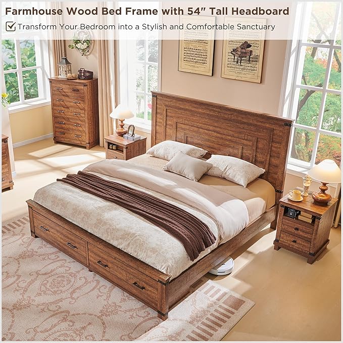 RedLemon Farmhouse Queen Size Bed Frame w/ 54" Tall Geometric Headboard, Rustic Wood Platform Bed w/ 2 Large Storage Drawers, Wood Slats Support, Noise Free, No Box Spring Needed, Reclaimed Barnwood