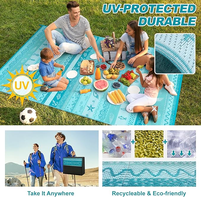 Lahome Outdoor Rug Waterproof, 6x9 Reversible Outdoor Plastic Straw Rug for Camping, RV Patio Rugs Large Carpet for Porch Deck Backyard Balcony Picnic(Blue/Multi,6'x 9')