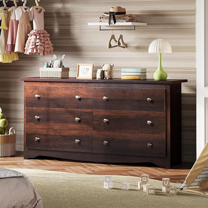 WLIVE Dresser for Bedroom, 59” Wide Chest of Drawers with 6 Drawer, Wood Long Nightstand with Drawers, Modern Large Storage Tower Unit, Closet Store Organizer for Living Room, Hallway, Brown