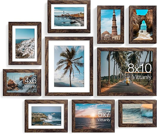 Vittanly 10 Pack Picture Frames Collage Wall Decor, Gallery Wall Frame Set for Wall or Tabletop Display, Engineered Wood and Shatter-resistant Plexiglass, Multi Sizes with 8x10, 5x7, 4x6 Frames, Brown