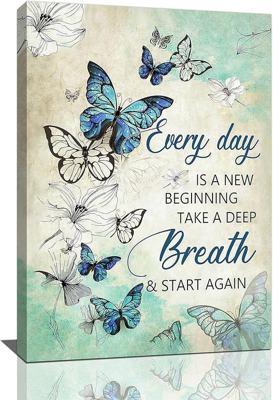 Teal Butterfly Wall Art Floral Decor Farmhouse Pictures Inspirational Quotes Canvas Prints Artwork Modern Home Decorations for Bathroom Girls Bedroom Living Room