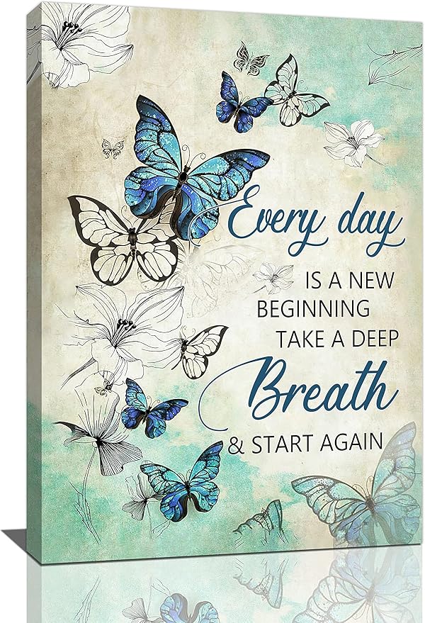 Teal Butterfly Floral Wall Decor - Farmhouse Butterfly Pictures Inspirational Quotes Canvas Prints Artwork Painting Modern Home Decorations For Bathroom Girls Bedroom Living Room