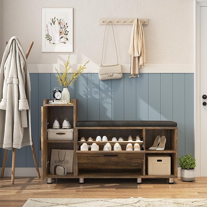 Maupvit Shoe Storage Bench with Flip Drawer Shoe Cabinet, 8 Height Adjustable Metal Feet, Entryway Bench with Removable Seat Cushion, Shoe Bench Rack for Entryway, Rustic Brown