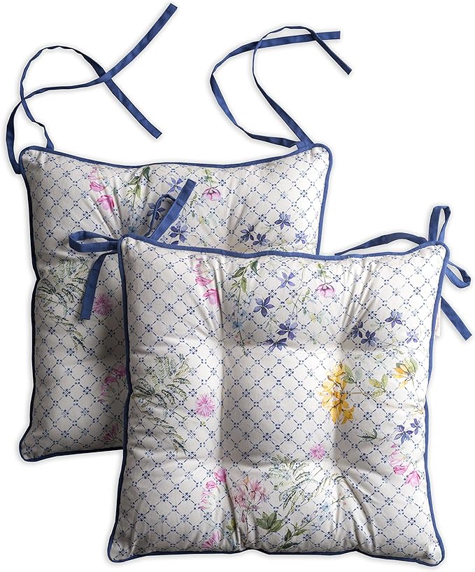 Maison d' Hermine Chair Pads for Dining Chairs Cotton Outer Fabric and Poly Filling 16"x16" Patio Seat Cushions for Furniture with Ties Home Chair Party Hall Farmhouse (Faience, Pack of 2)