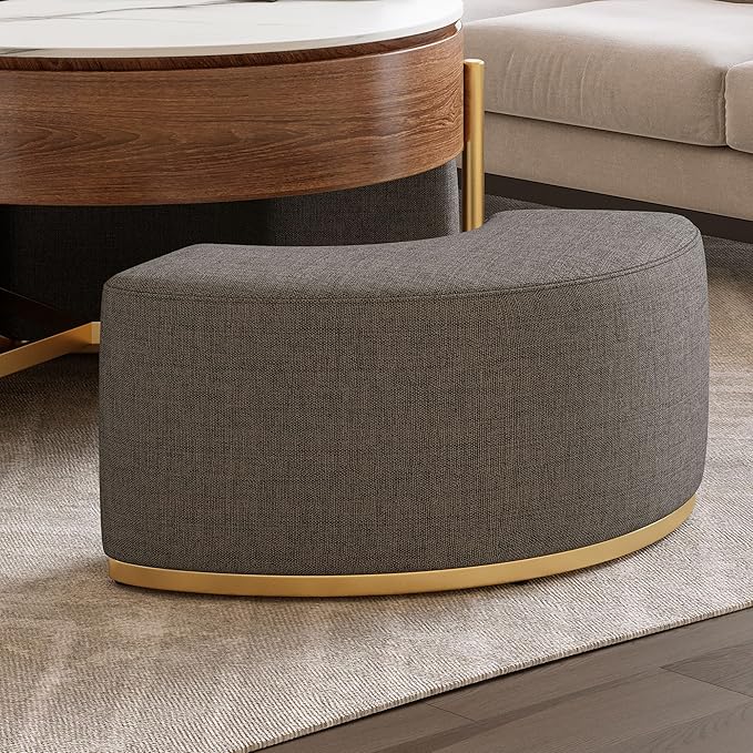 WILLIAMSPACE 31.5" Lift Top Coffee Table Set, Modern Round Marble Coffee Table with Storage & 3 Upholstered Nesting Ottomans, Accent Center Table for Living Room, Apartment