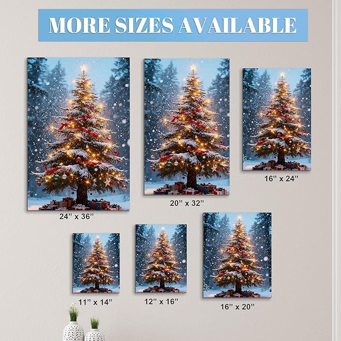 Framed Christmas Pictures Wall Decor,Vintage Pine Tree Prints,Winter Christmas Canvas Wall Art Decoration for Bedroom Bathroom Living Room Rustic Xmas Holiday Gifts (Christmas Tree 16, 16'' X 20'')